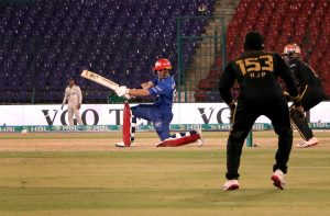 Islamabad United batter Faheem Ashraf plays a shot during the Pakistan Super League -11 T20 cricket match between Hyderabad Kingsman and Islamabad United at National Stadium