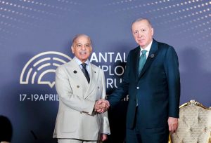 Prime Minister Muhammad Shehbaz Sharif in a bilateral meeting with President Recep Tayyip Erdoğan of Türkiye on the sidelines of the 5th Antalya Diplomacy Forum.