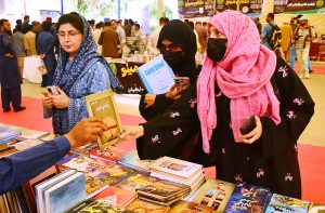 Sindh Provincial Minister for Culture and Tourism Syed Zulfiqar Ali Shah visits the books stalls after opening the Books Festival in connection with World Book Day at Sindh Museum.