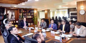Federal Minister for Finance and Revenue, Senator Muhammad Aurangzeb, chairing a virtual meeting with a group of representatives from the electric fan industry, led by members of the Federation of Pakistan Chambers of Commerce and Industry (FPCCI) and Pakistan Electric Fan Manufacturers Association (PEFMA), at the Finance Division.