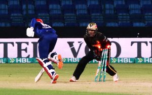 Islamabad United batter Faheem Ashraf plays a shot during the Pakistan Super League -11 T20 cricket match between Hyderabad Kingsman and Islamabad United at National Stadium