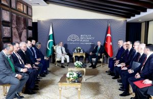Prime Minister Muhammad Shehbaz Sharif in a bilateral meeting with President Recep Tayyip Erdoğan of Türkiye on the sidelines of the 5th Antalya Diplomacy Forum.