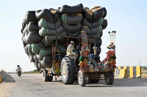 A view of tractor trolley loaded with chaff (husk from wheat) on the way at Larkana-Khairpur Road.