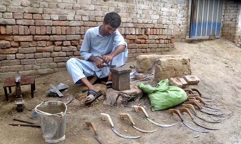 As the wheat harvesting season approaches, a man is busy preparing sickles, traditional tools used to harvest standing wheat crops