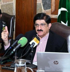 Sindh Chief Minister Syed Murad Ali Shah addresses a press conference at the CM House to launch a digital registration system for a targeted motorcycle fuel subsidy programme.