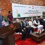 Rizwan Sharif, Director Hajj Punjab, Ministry of Religious Affairs, addresses the farewell ceremony of the first Hajj flight from Sialkot Airport