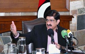 Sindh Chief Minister Syed Murad Ali Shah addresses a press conference at the CM House to launch a digital registration system for a targeted motorcycle fuel subsidy programme.