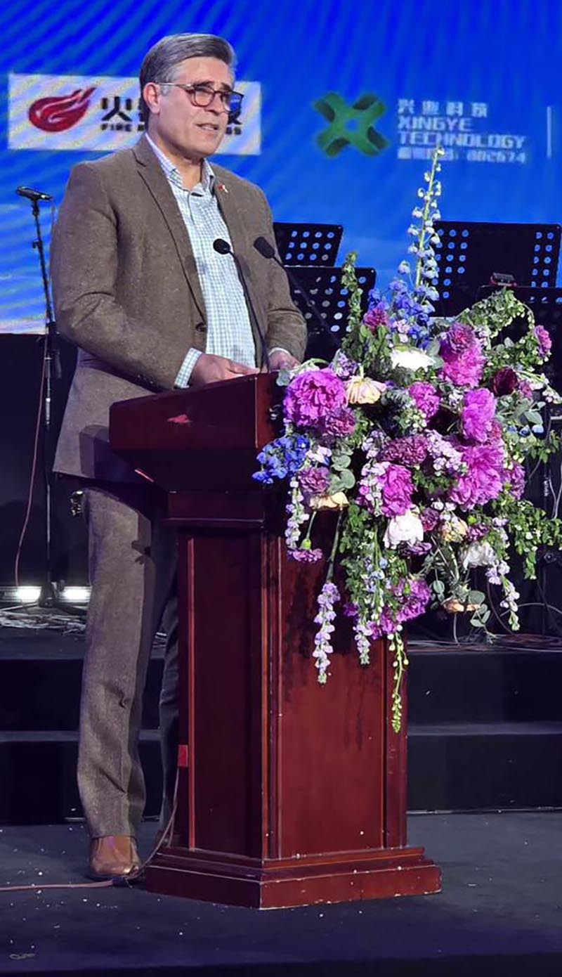Ambassador of Pakistan to China H.E. Khalil Hashmi speaking at a Star Gala to mark the 75th anniversary of diplomatic relations between China and Pakistan co hosted by Pakistan Embassy in Beijing with the renowned China International Cultural Communication Center (CICCC)