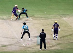 Quetta Gladiators Rilee Rossouw plays a shot during the Pakistan Super League -11 cricket match against Rawalpindiz at national Stadium