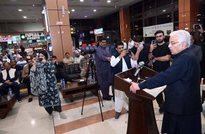 Defense Minister Khawaja Muhammad Asif, addresses the farewell ceremony of the first Hajj flight from Sialkot Airport