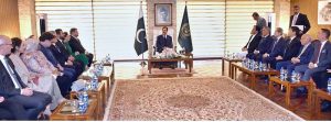 Chairman Senate, Syed Yousuf Raza Gillani, Deputy Chairman Senate, Senator Syedaal Khan and Dr. Dan Stoenescu, Ambassador of Romania to Pakistan along with other ambassadors in a meeting prior to the launch of the national anthem of pakistan in a choral format / inaugural of photo exhibition of Pak-Romania relations at Parliament House.