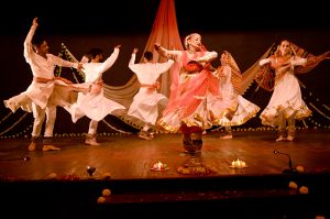 Renowned Kathak artist Sheema Kirmani along with her students performs during “An Evening of Classic Dance” in celebration of World Dance Day at the Arts Council of Pakistan.