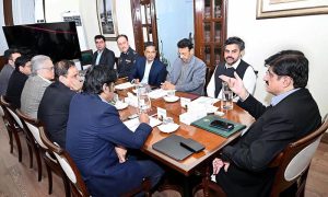 Sindh Chief Minister Syed Murad Ali Shah presides over a meeting at the CM House to review the progress of financial assistance to traders affected by the tragic Gul Plaza fire