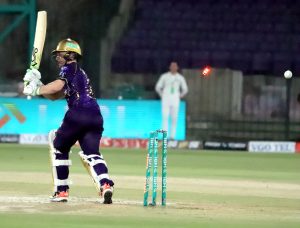 Quetta Gladiators Rilee Rossouw plays a shot during the Pakistan Super League -11 cricket match against Rawalpindiz at national Stadium