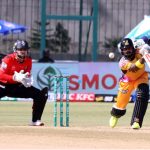 Peshawar Zalmi batter Kusal Mendis plays a shot during the Pakistan Super League T20 cricket match between Lahore Qalandars and Peshawar Zalmi at National Stadium
