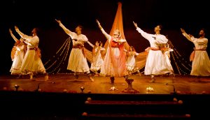 Renowned Kathak artist Sheema Kirmani along with her students performs during “An Evening of Classic Dance” in celebration of World Dance Day at the Arts Council of Pakistan.