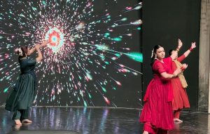 Women artists perform dance on the occasion of World Dance Day at a late night cultural program organized by Alhamra and Shakir Ali Museum.