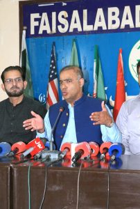 PML-N leader Senator Chaudhry Abid Sher Ali talks to media during his visit to Faisalabad Press Club.
