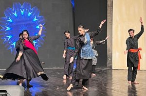 Women artists perform dance on the occasion of World Dance Day at a late night cultural program organized by Alhamra and Shakir Ali Museum.