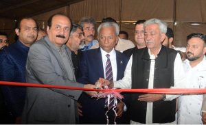 Sindh Governor Muhammad Nehal Hashmi, Chairman of the Prime Minister’s Youth Programme Rana Mashhood Ahmed Khan and PML-N Sindh Chapter President Bashir Memon inaugurating the IT Marquee at Governor House