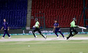 Lahore Qalandars’ Fakhar Zaman bold out by Quetta Gladiators Alzarri Joseph during the Pakistan Super League -11 cricket match at National Stadium.