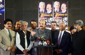 Sindh Governor Muhammad Nehal Hashmi, Chairman of the Prime Minister’s Youth Programme Rana Mashhood Ahmed Khan and PML-N Sindh Chapter President Bashir Memon inaugurating the IT Marquee at Governor House