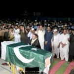 Member of the National Assembly of Pakistan Abdul Qadir Patel along with Family members and others attend the funeral prayer of Yasir Khan, who was martyred in an Israeli attack in Iran