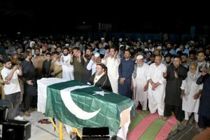 Member of the National Assembly of Pakistan Abdul Qadir Patel along with Family members and others attend the funeral prayer of Yasir Khan, who was martyred in an Israeli attack in Iran