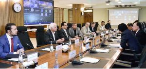 Federal Minister for Finance and Revenue, Senator Muhammad Aurangzeb, chairing a meeting of the Committee to Monitor Petrol Prices to review national fuel stocks and global market developments at the Finance Division.