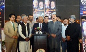 Sindh Governor Muhammad Nehal Hashmi, Chairman of the Prime Minister’s Youth Programme Rana Mashhood Ahmed Khan and PML-N Sindh Chapter President Bashir Memon inaugurating the IT Marquee at Governor House