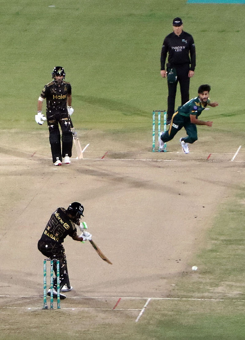 Peshawar Zalmi Batter Babar Azam plays a shot during the Pakistan Super League (PSL 11) match between Peshawar Zalmi and Multan Sultans at National Bank Stadium