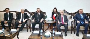 Hon'ble Chief Justice of Pakistan, Mr. Justice Yahya Afridi, Mr. Justice Amin-Ud-Din Khan, Chief Justice Federal Constitutional Court and Mansoor Usman Awan, Attorney-General of Pakistan in a meeting with Turkish delegation headed by Hon'ble Mr. Kadir Özkaya, President Constitutional Court of the Republic of Türkiye at the Supreme Court of Pakistan.