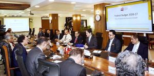 Federal Minister for Finance and Revenue, Senator Muhammad Aurangzeb meeting with the American Business Forum (ABF) delegation led by President Osman Khalid Waheed at the Finance Division