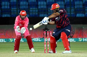 Karachi Kings’ Azam Khan plays a shot during the Pakistan Super League (PSL-11) match playing between Islamabad United and Karachi Kings at National Bank Stadium.
