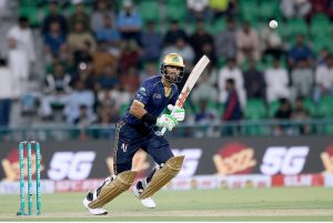 Multan Sultans’ Shan Masood plays a shot during the Pakistan Super League (PSL) 1st Eliminator match between Hyderabad Kingsmen and Multan Sultans at Gaddafi Stadium
