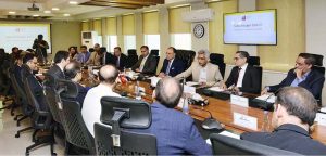 Federal Minister for Finance and Revenue, Senator Muhammad Aurangzeb meeting with the American Business Forum (ABF) delegation led by President Osman Khalid Waheed at the Finance Division