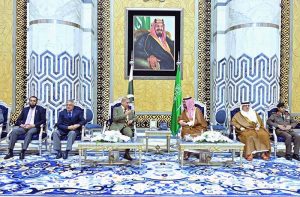 Deputy Governor Makkah Region Prince Saud bin Mishaal bin Abdulaziz receiving Prime Minister Muhammad Shehbaz Sharif upon his arrival at Jeddah Airport.