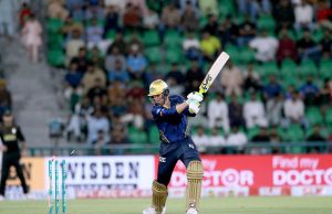 Multan Sultans’ Shan Masood plays a shot during the Pakistan Super League (PSL) 1st Eliminator match between Hyderabad Kingsmen and Multan Sultans at Gaddafi Stadium
