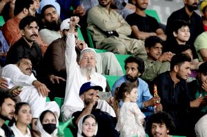 Spectators enjoying the Pakistan Super League (PSL) Twenty20 Eliminator match between Hyderabad Kingsmen and Multan Sultans at Gaddafi Stadium.