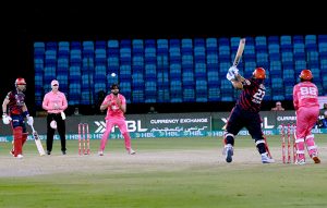 Karachi Kings’ Azam Khan plays a shot during the Pakistan Super League (PSL-11) match playing between Islamabad United and Karachi Kings at National Bank Stadium.