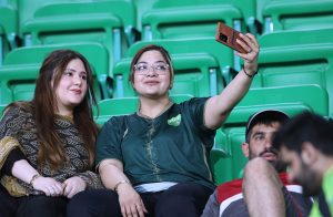 Spectators enjoying the Pakistan Super League (PSL) Twenty20 Eliminator match between Hyderabad Kingsmen and Multan Sultans at Gaddafi Stadium.
