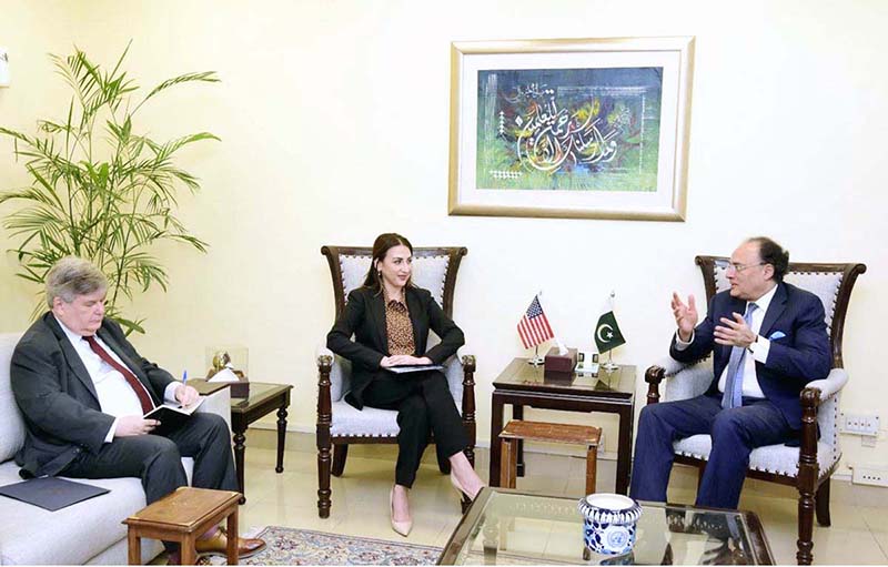 Federal Minister for Finance and Revenue, Senator Muhammad Aurangzeb holding a meeting with the US Chargé d’Affaires to Pakistan, Ms. Natalie Baker at the Finance Division