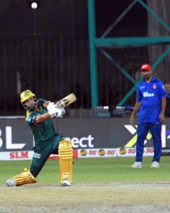 Batsman Sahibzada Farhan playing a shot during Pakistan Super League (PSL-11) T20 cricket match between Multan Sultans and Islamabad United teams at National Stadium