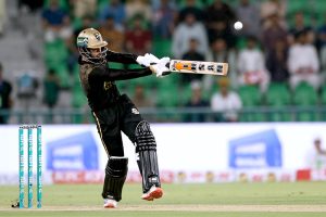 Hyderabad Kingsmen’s Maaz Sadaqat responding after completes fifty runs during the Pakistan Super League (PSL) 1st Eliminator match between Hyderabad Kingsmen and Multan Sultans at Gaddafi Stadium.