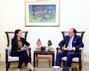 Federal Minister for Finance and Revenue, Senator Muhammad Aurangzeb holding a meeting with the US Chargé d’Affaires to Pakistan, Ms. Natalie Baker at the Finance Division