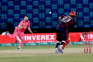 Karachi Kings’ Azam Khan plays a shot during the Pakistan Super League (PSL-11) match playing between Islamabad United and Karachi Kings at National Bank Stadium.
