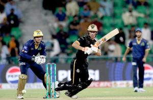 Hyderabad Kingsmen’s Maaz Sadaqat responding after completes fifty runs during the Pakistan Super League (PSL) 1st Eliminator match between Hyderabad Kingsmen and Multan Sultans at Gaddafi Stadium.