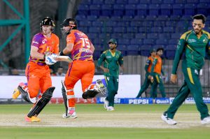 Rawalpindiz’s Daryl Mitchell and Sam Billings run between the wicket during the Pakistan Super League (PSL-11 ) match between Multan Sultans and Rawalpindiz at National Bank Stadium.