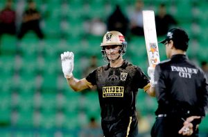 Hyderabad Kingsmen’s Maaz Sadaqat responding after completes fifty runs during the Pakistan Super League (PSL) 1st Eliminator match between Hyderabad Kingsmen and Multan Sultans at Gaddafi Stadium.