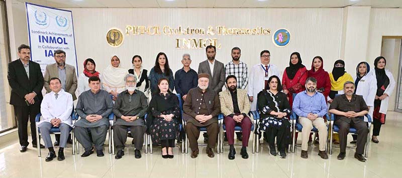 Federal Minister for Poverty Alleviation and Social Safety, Syed Imran Ahmad Shah in a group photo with administration of INMOL Hospital